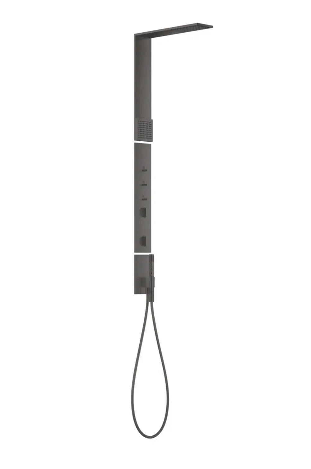 Duschpaneel von AXOR mit integriertem Thermostat, Kopfbrause und Handbrause in Brushed Black Chrome. Einfache Montage an der Wand.